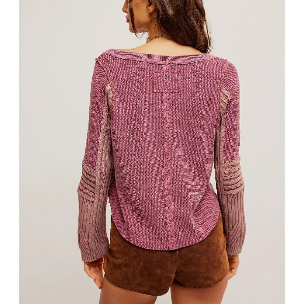 FREE PEOPLE We The Free Swinging Cable Cuff Top Tee / Vineyard Grape Combo XS